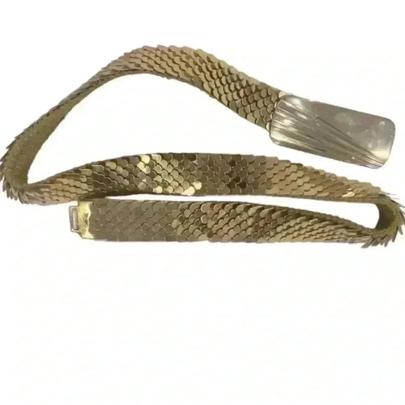 Vintage 80’s Leather Shop Gold Stretch Snake Scales Buckle Belt - Picture 1 of 4